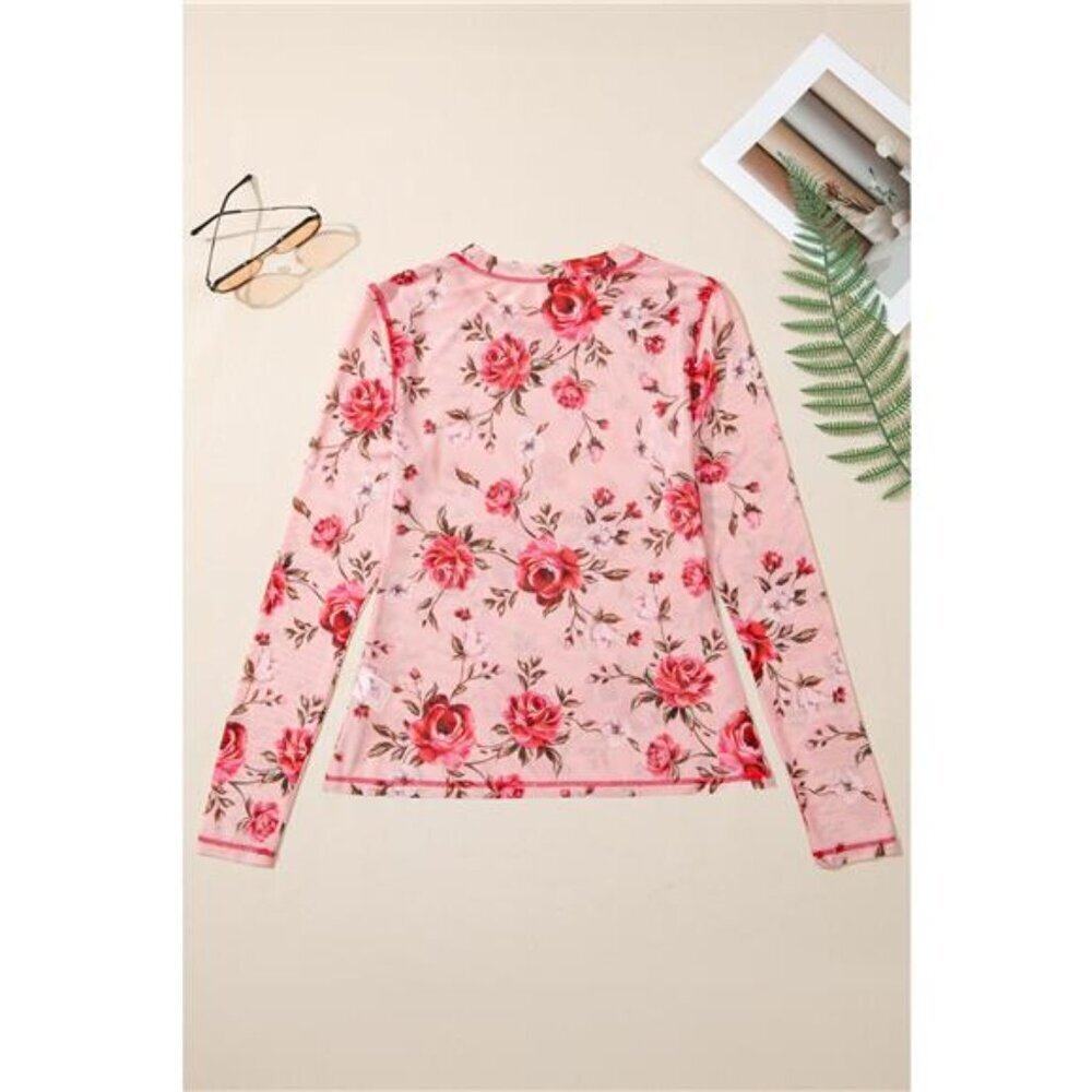 Floral Print Exposed Seam Detail Mesh Long Sleeve Top - Picture 3 of 7
